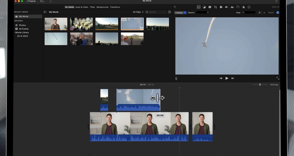 Demonstration of a b-roll footage being trimmed in iMovie