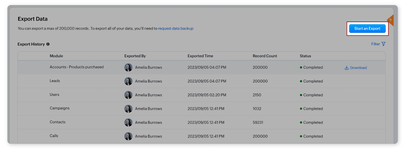 Going to data administration section to start contacts export on Zoho CRM