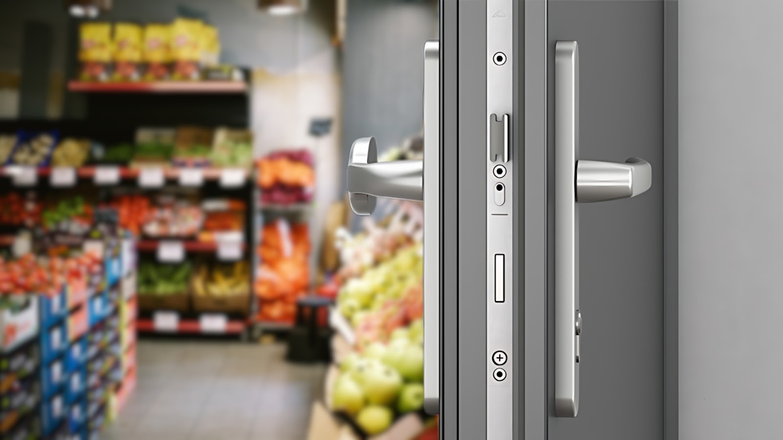 A high-security lock on a supermarket entrance ensures safe and secure shopping.