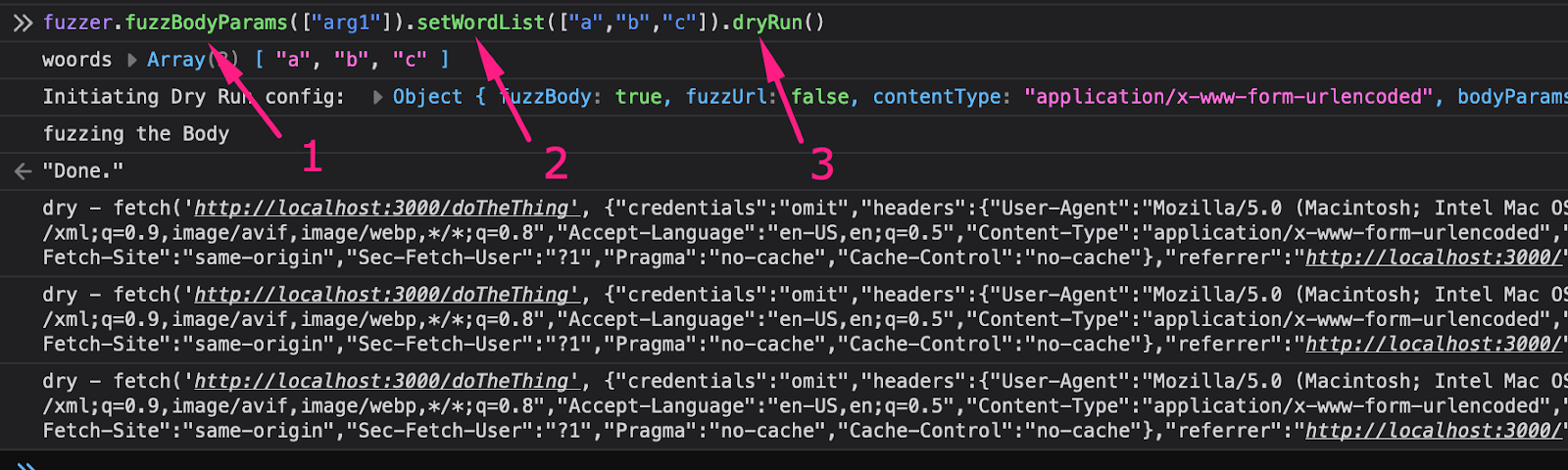 The JavaScript console shows the chaining of functions, numbered 1, 2, and 3. The full command is fuzzer.fuzzBodyParams(["arg1"]).setWordList(["a","b","c"]).dryRun(). The numbering identifies fuzzBodyParams, setWordList, and dryRun as the three chained functions.