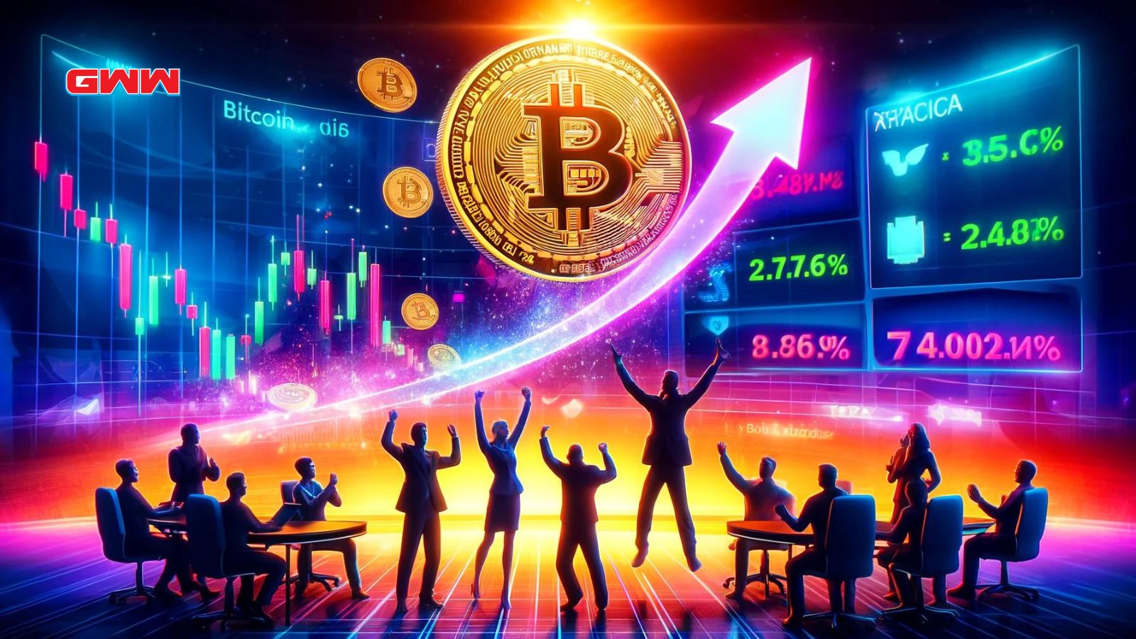 A vibrant scene depicting Bitcoin breaking out above $68K and Solana leading the crypto rally with a 7% gain