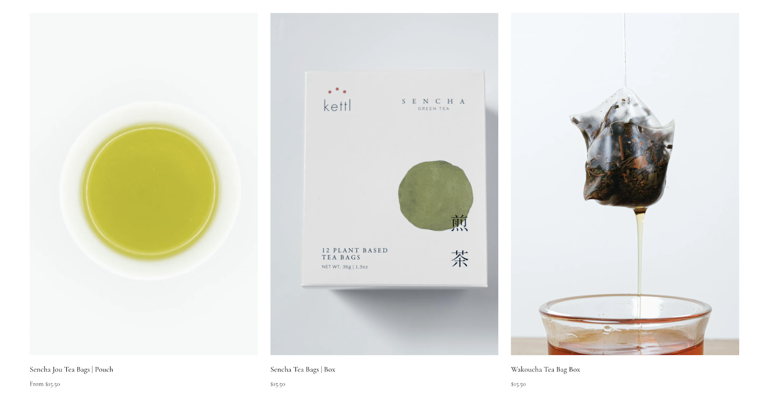 Sencha white and green tea box and tea bags from eCommerce shop