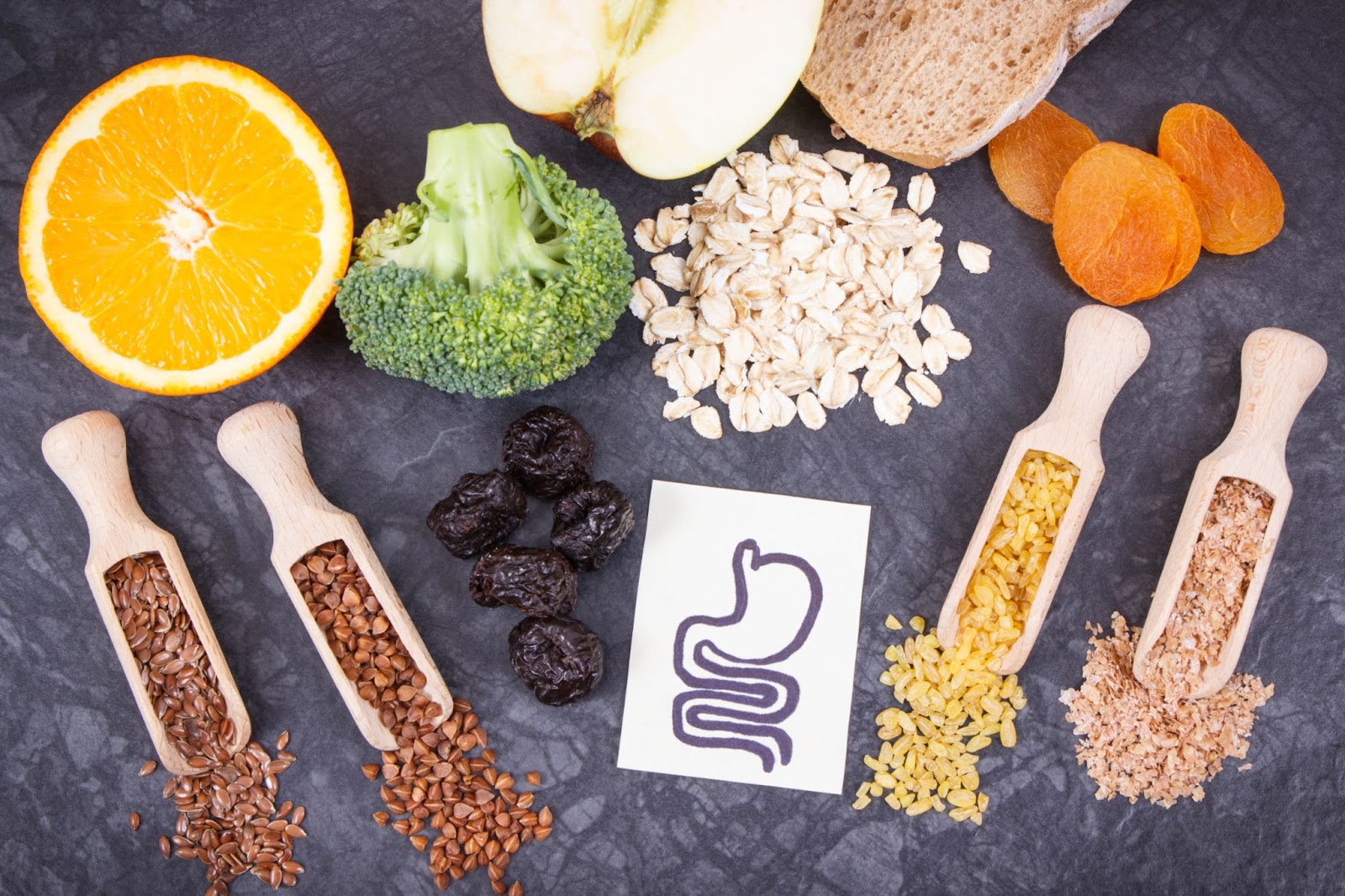 Aliments contenants des fibres pouvant causer des inconforts digestifs présentés sur un fond foncé accompagné d'une fiche illustrant le système digestif