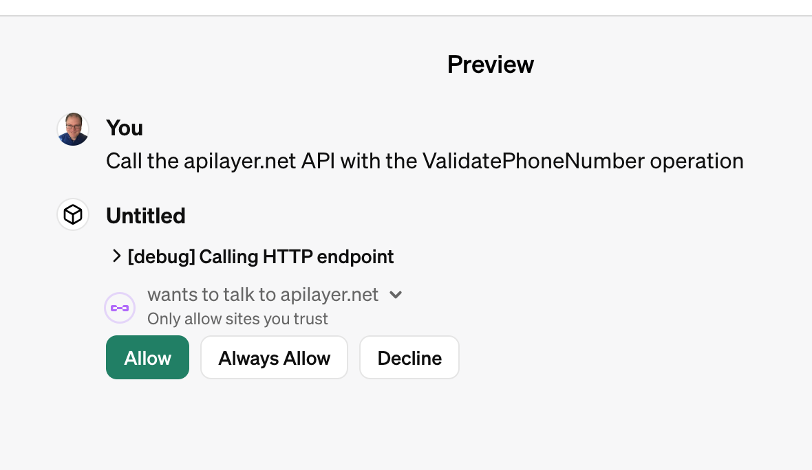 preview of allowing ChatGPT to access the Numverify API at APILayer