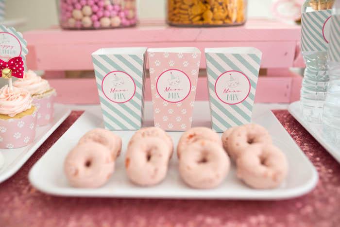 Mini pink donuts from a Kitty Cat Birthday Party on Kara's Party Ideas | KarasPartyIdeas.com (27)