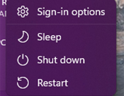 Sign-in options, Sleep, Shut down, and Restart menu choices