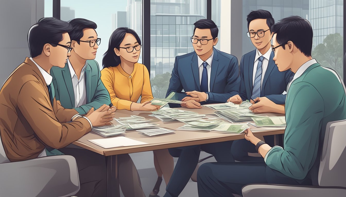 A group of moneylenders discussing business considerations, with a focus on the money lender license in Singapore and the Registry of Moneylenders