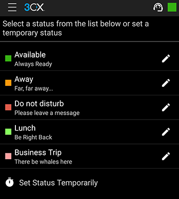 Optionen im Menü "Status festlegen" der 3CX App für Android