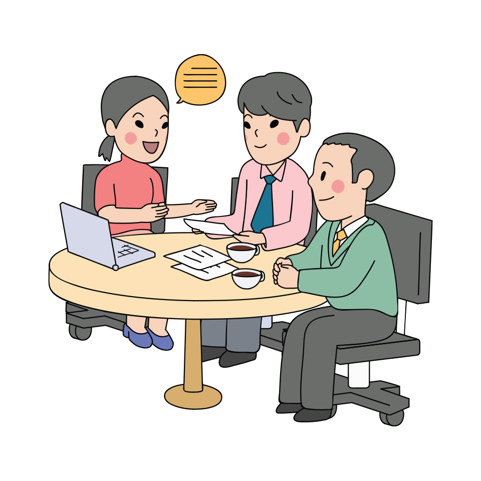A group of three colleagues sitting on a chair is having a conversation about work.