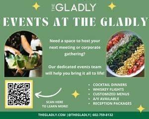 A green and white flyer with a couple of plates of food

Description automatically generated