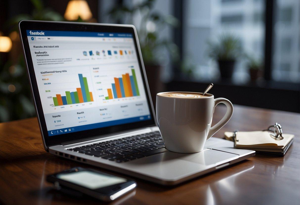 A laptop displaying a Facebook ad dashboard with various metrics and graphs, surrounded by a notepad, pen, and coffee mug on a desk | FintechZoom