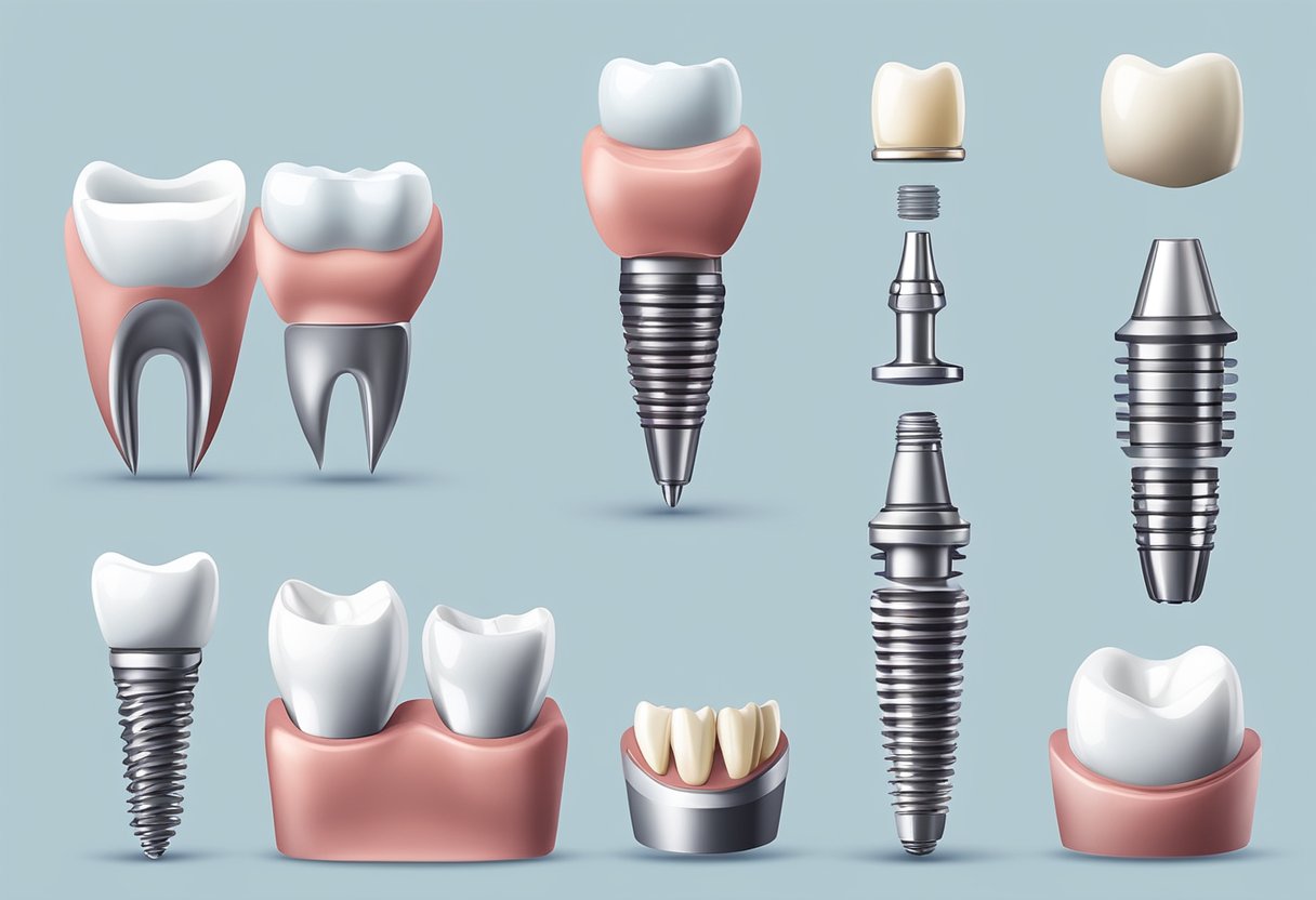 A variety of dental implant types and materials displayed on a clean, modern surface