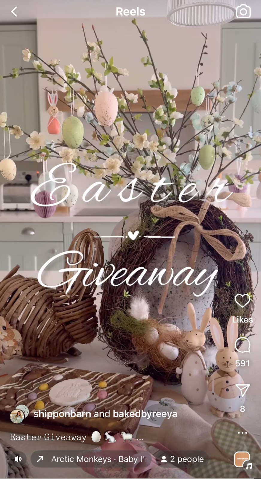Easter marketing strategy example: Screenshot of an Instagram reel featuring the text "Easter Giveaway" in front of Easter decorations and themed baked goods