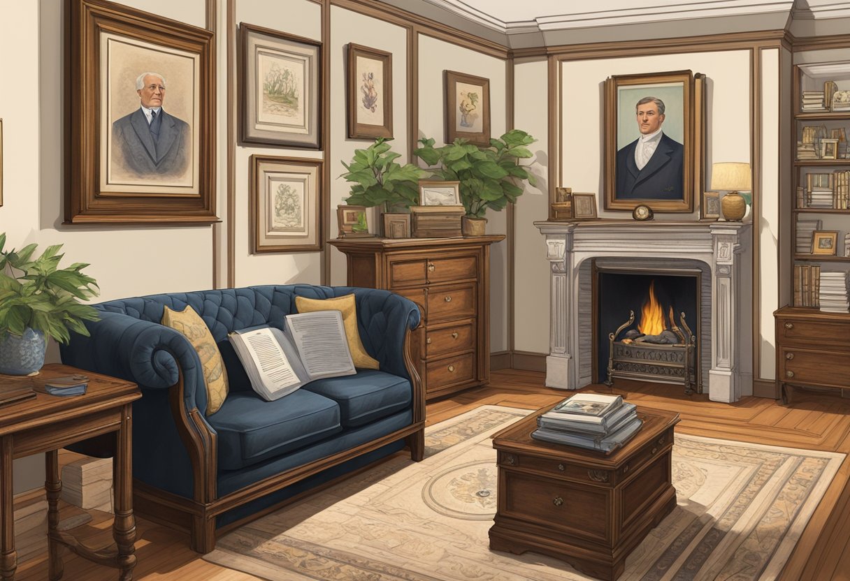 A family crest hangs above a cozy fireplace, surrounded by antique furniture. A stack of legal documents sits on a polished desk, while a vintage photo album lays open to a page of old family portraits