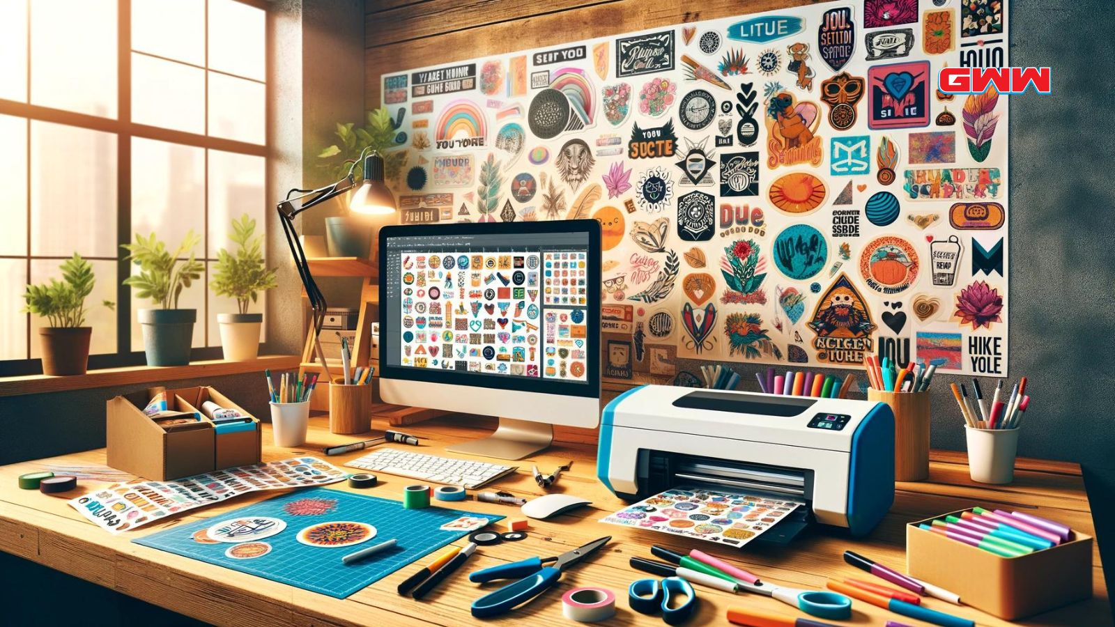 Workspace with computer and printer, colorful stickers displayed on wall