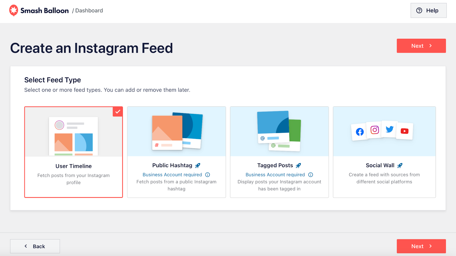 Screen shot of selecting Instagram feed type on Smash Balloon dashboard. 