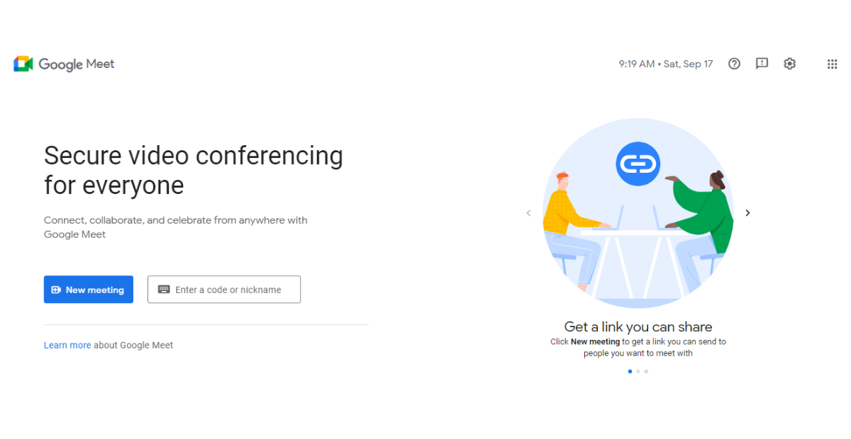 Homepage of Google Meet mobile video meeting app