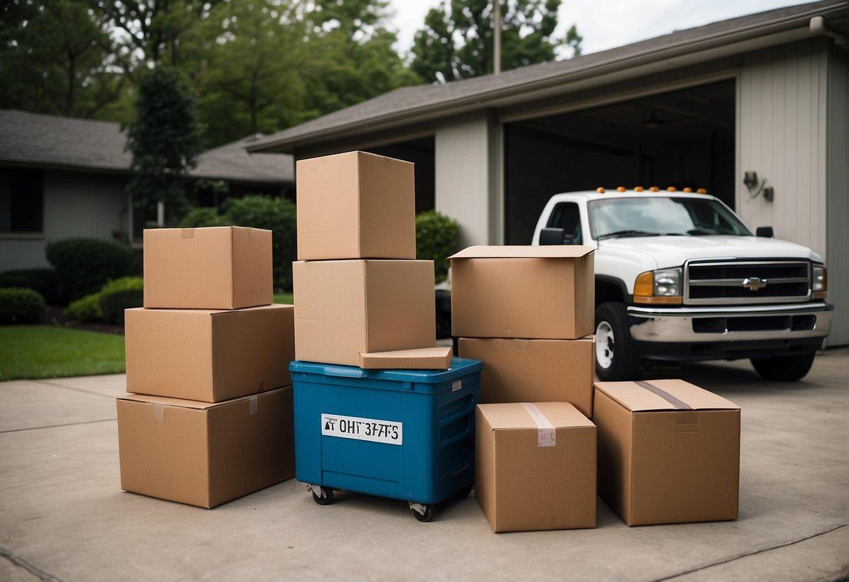 Boxes labeled and stacked, furniture disassembled, and a moving truck parked outside a house. A checklist on a table with items being crossed off
