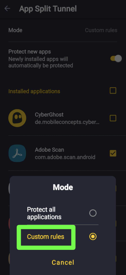 Screenshot showing custom rules options in CyberGhost VPN Android app