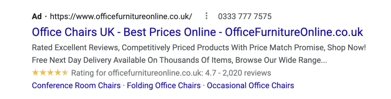 Google ad example from Office Furniture Online