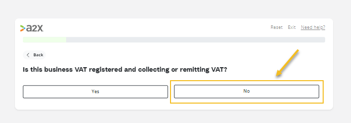 A2X VAT setup questionnaire for Amazon seller with no VAT registration: Select 'No'.