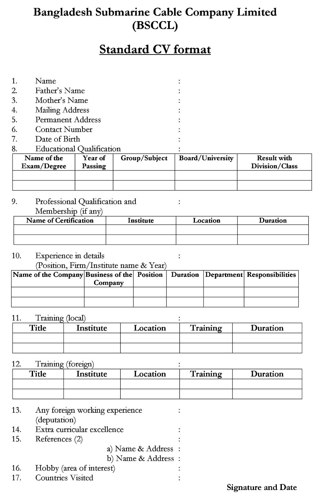 Bangladesh Submarine Cable Company Limited Application Form