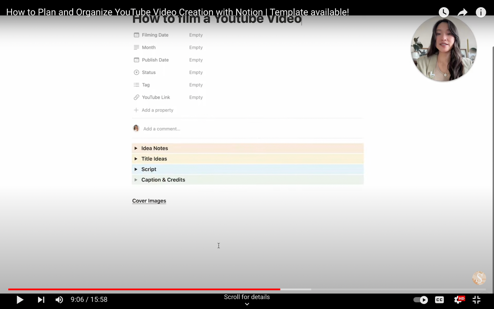 A look inside Cheryl's Notion Hub, YouTube video scripts. 