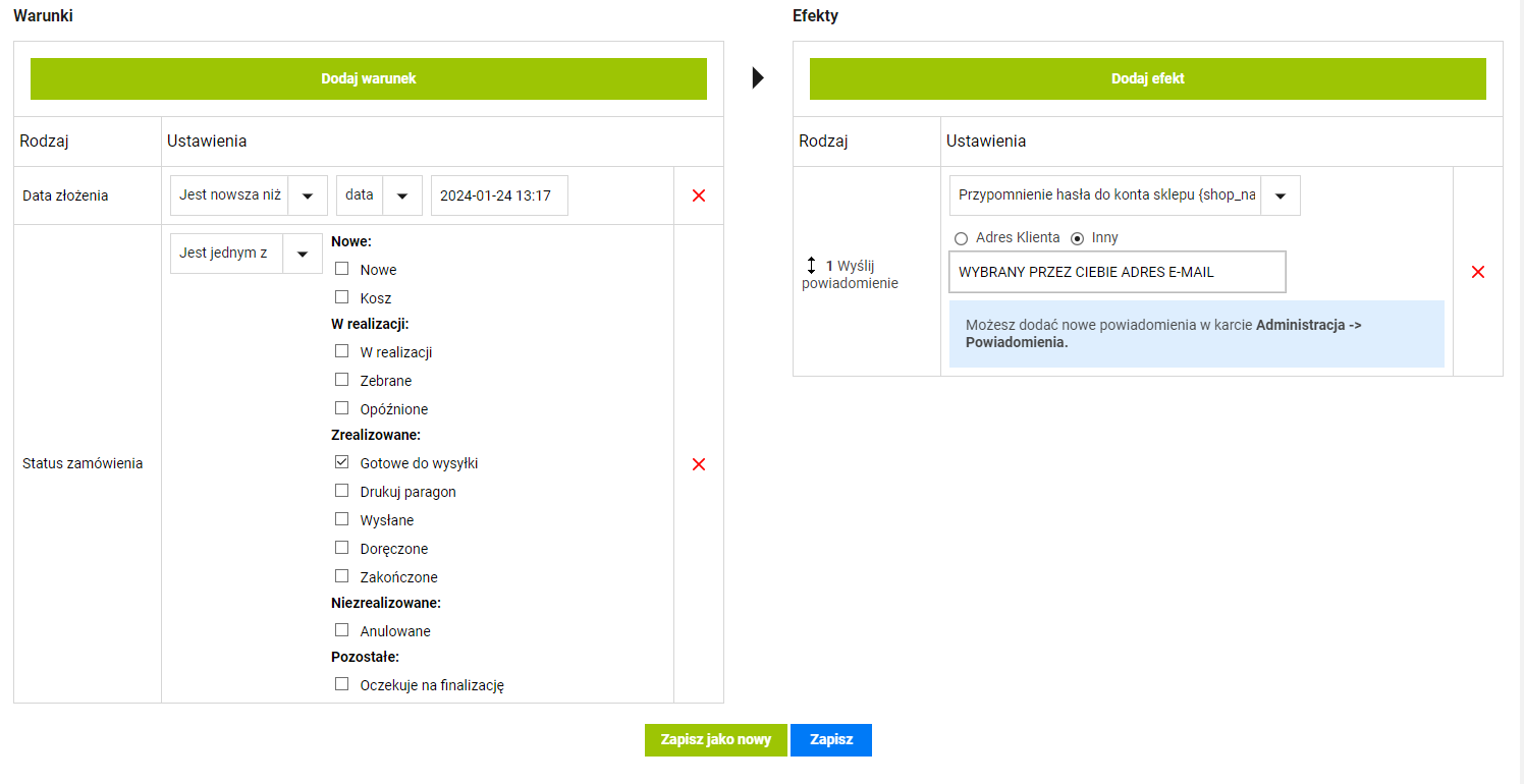 Akcja automatyczna w panelu Sellasist