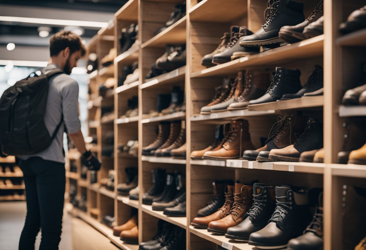 A person carefully selects a pair of sturdy hiking boots from a shelf in an outdoor gear store