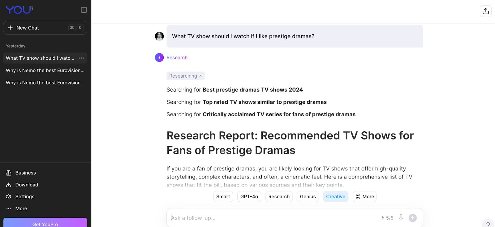 You.com search results page for “What TV show should I watch if I like prestige dramas?”