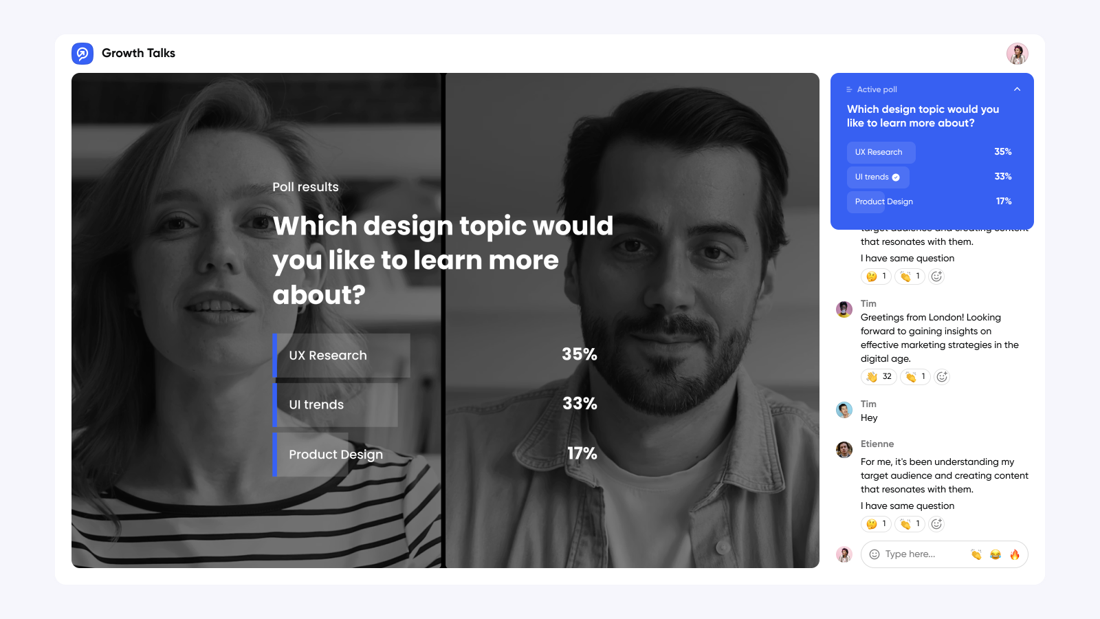 Screenshot of polls in a webinar hosted using Contrast 