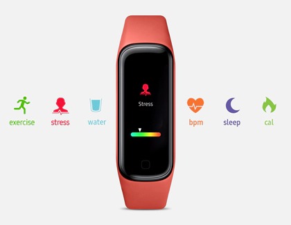 Galaxy Fit2 displaying stress icon behind a row of activity trackers