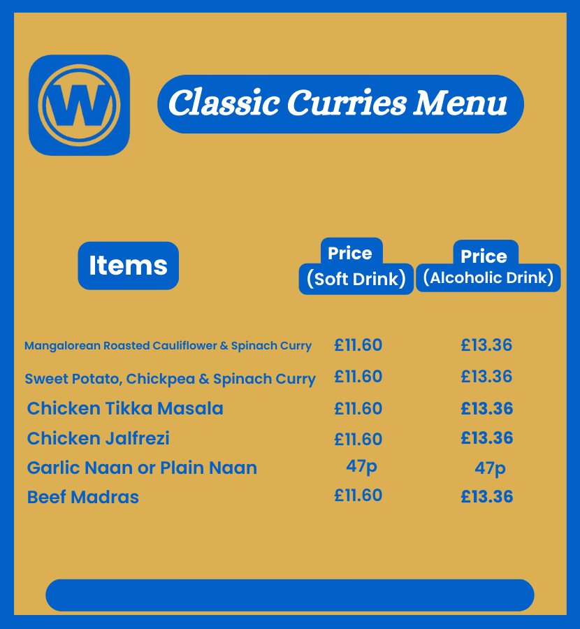 Classic Curries menu by wetherspoon