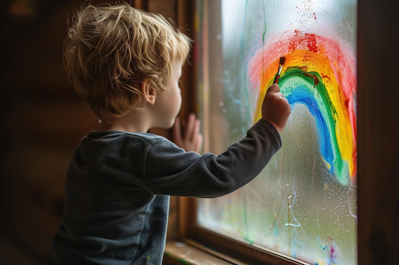 boy paints a rainbow on a window