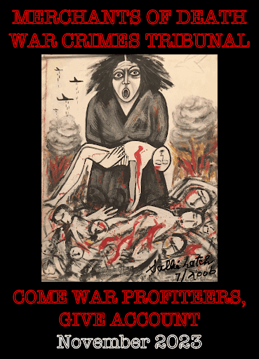 A drawing of a person sitting on a bed of people with Grand Guignol in the background Description automatically generated
