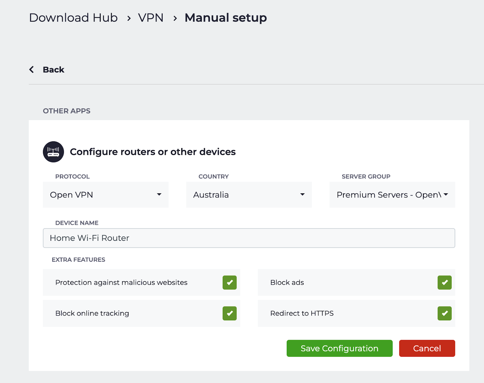 CyberGhost VPN Download Hub screenshot - manual setup