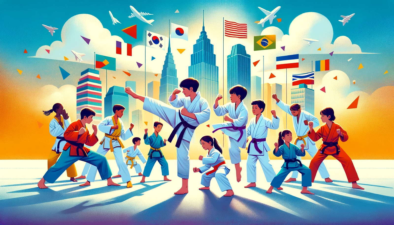 A vivid image of kids practicing martial arts from around the world
