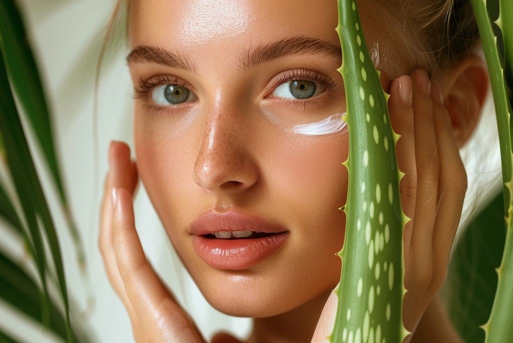 girl moisturizing her face with aloe vera gel/cream