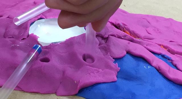 Photo showing plastic straws being pushed into the play dough