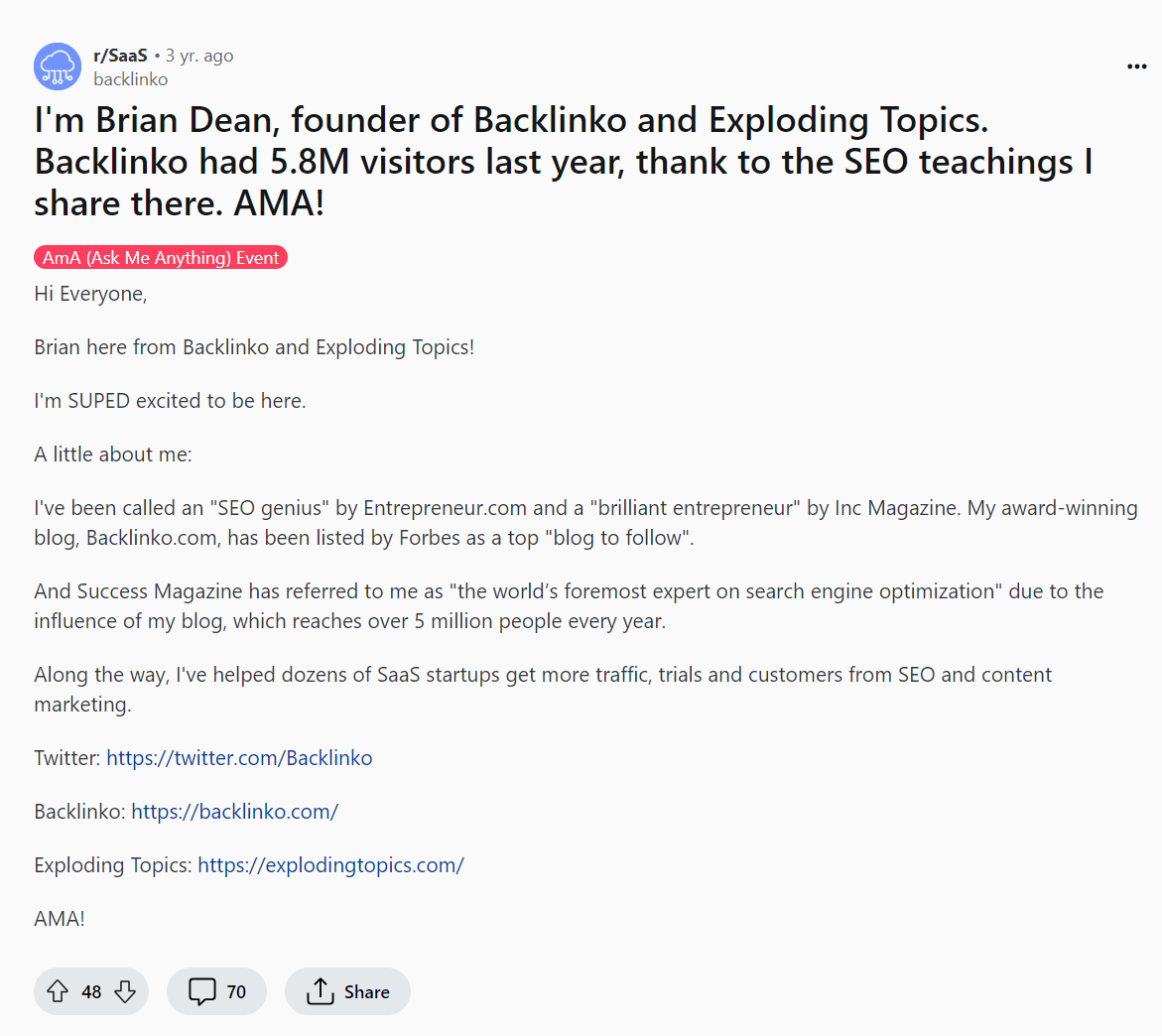 Backlinko’s founder, Brian Dean, on Reddit