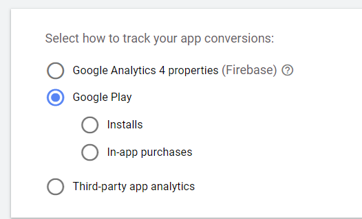 A screenshot of the app conversion tracking selection screen in Google Ads.