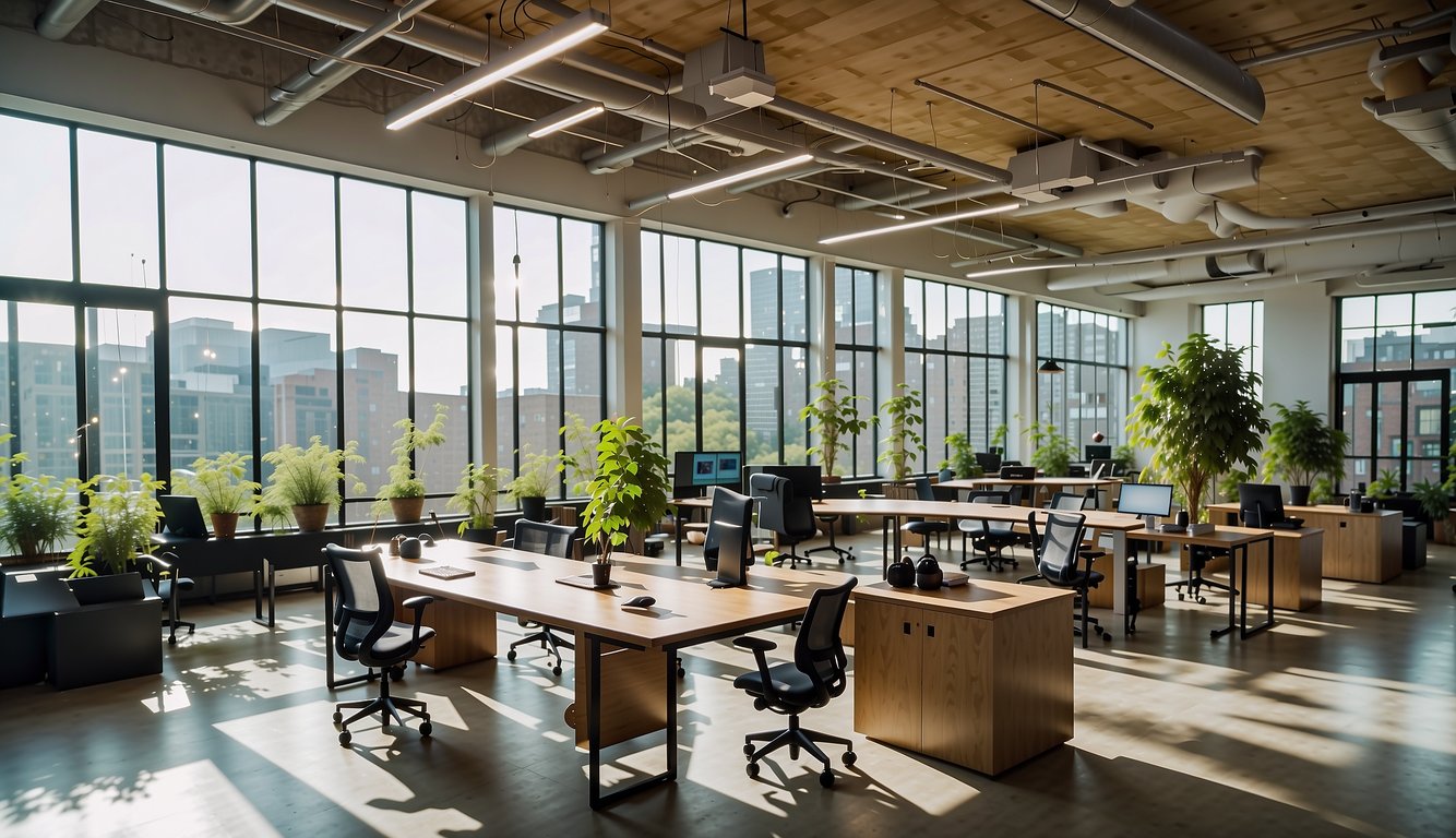 A modern coworking space with open desks, private offices, and communal areas for collaboration and networking. Bright, natural light streams in through large windows, while modern furniture and technology create a professional yet comfortable atmosphere