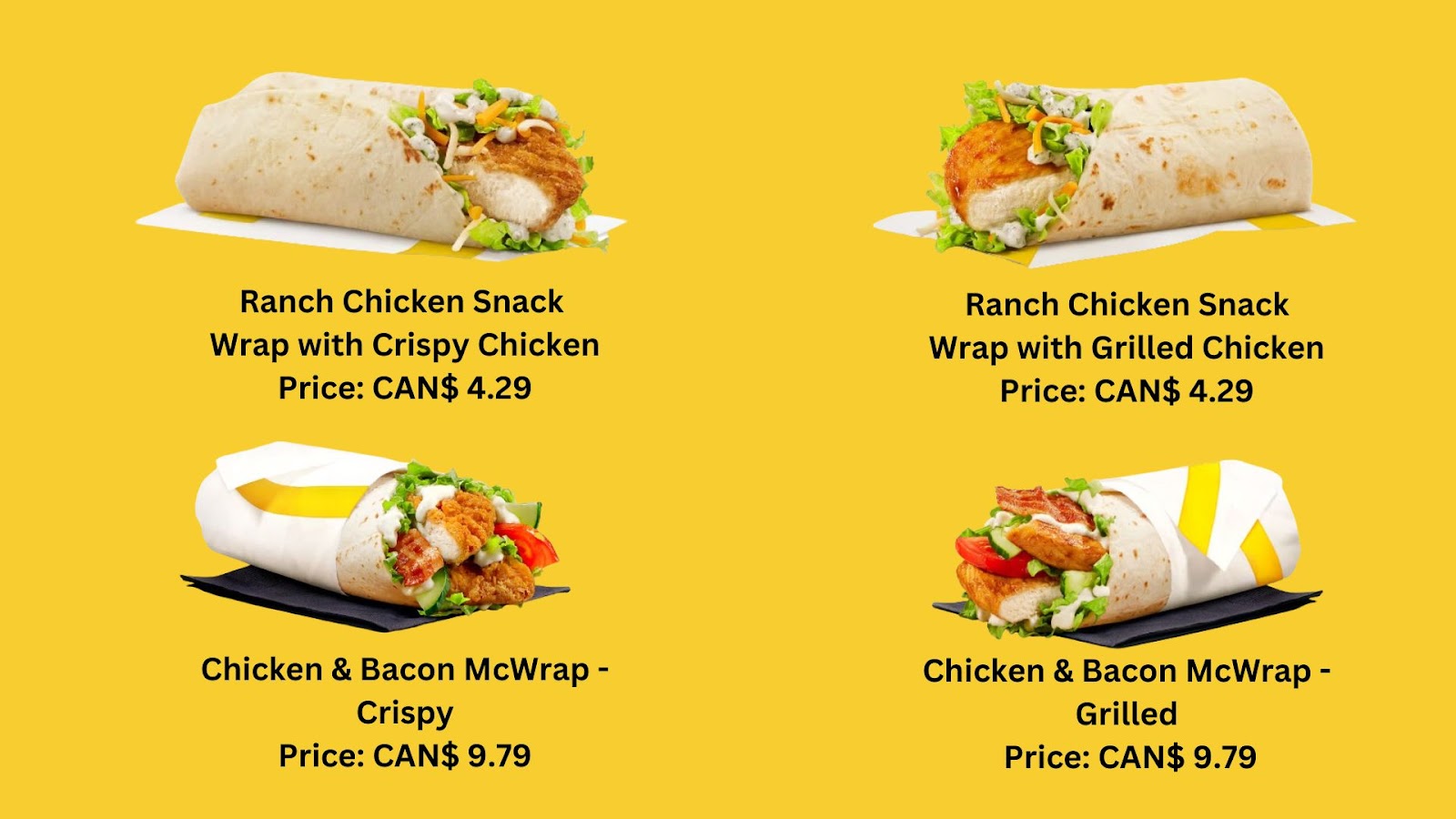 Sandwiches & Wraps menu items of McDonald's 