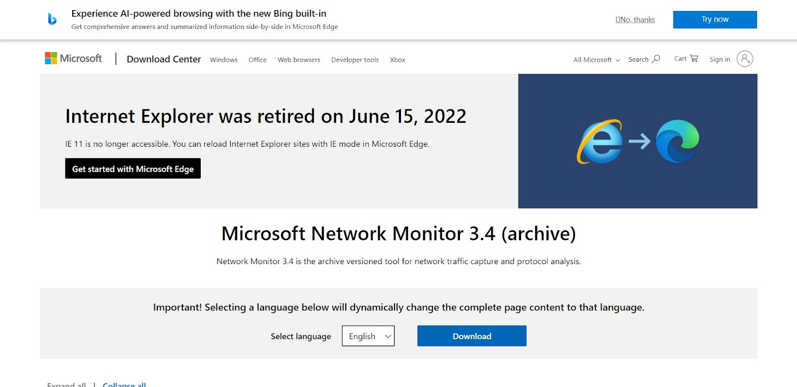 A screenshot of Microsoft's website
