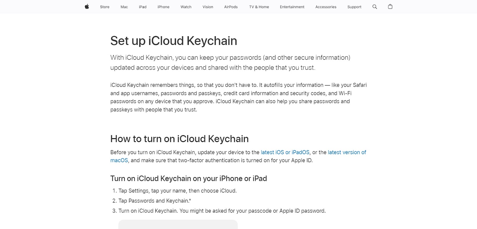 A screenshot of Apple iCloud Keychain's website