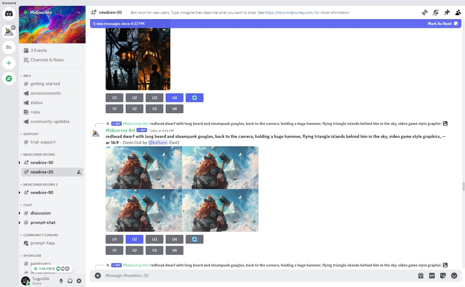 another screenshot of midjourney in discord with more image outputs