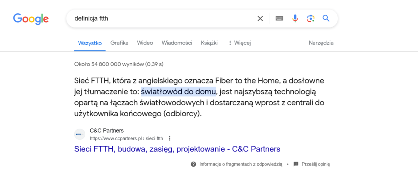 zrzut ekranu z zapytania o definicję ftth 