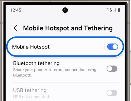 Mobile Hotspot option highlighted and activated in the Mobile Hotspot and Tethering settings