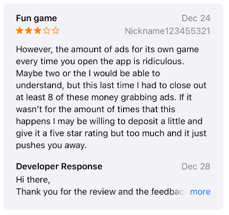 A 3-star Apple App Store review from a player who didn't like all the ads Solitaire Smash runs for their own game. 