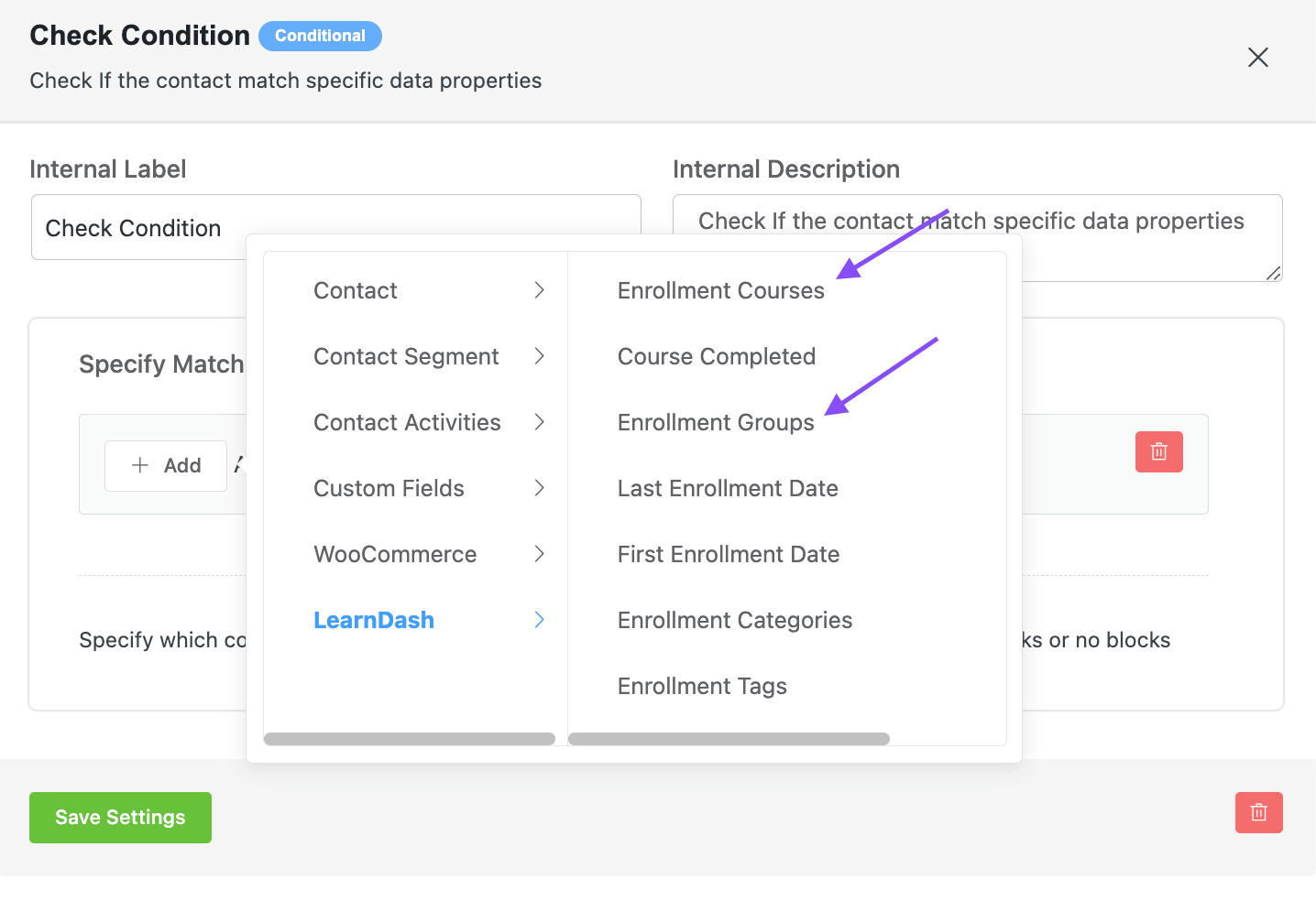 fluentcrm 2.8.32 - improved learndash automation condition